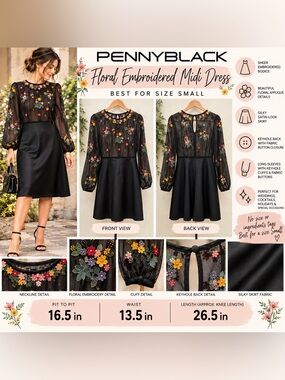 PENNYBLACK Black Floral Embroidered Sheer Knee Length Dress Women’s Best 4 Small